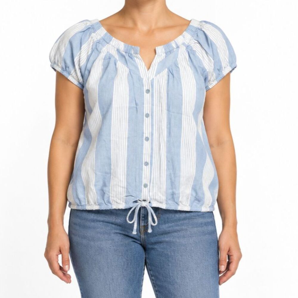 NWT Moral Fiber Women’s Button Front Striped Short Sleeve Top | Size Large